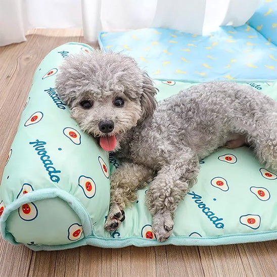 Caniche detendu sur tapis rafraichissant pour chien avec coussin