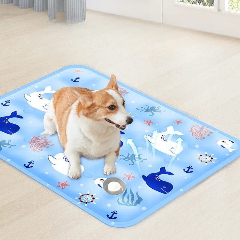 chien allonger sur tapis pour chien rafraichissan motif poisson