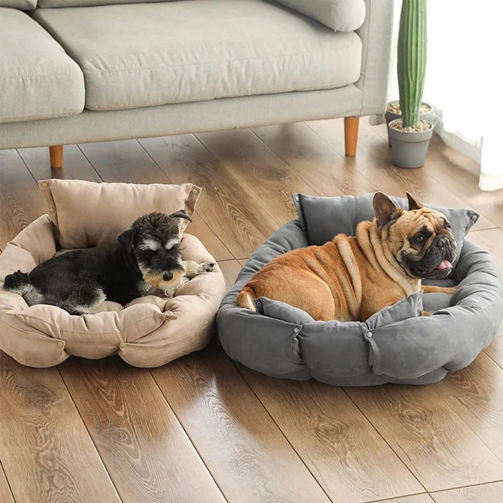 chiens dans panier chien couchage premium gris marron