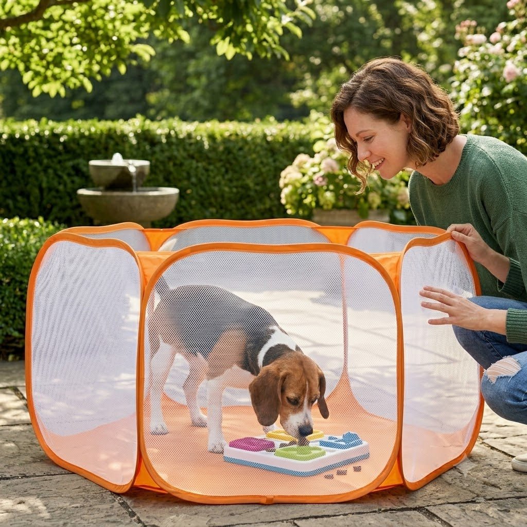 femme contente de son toutou dans parc interieure pour chien