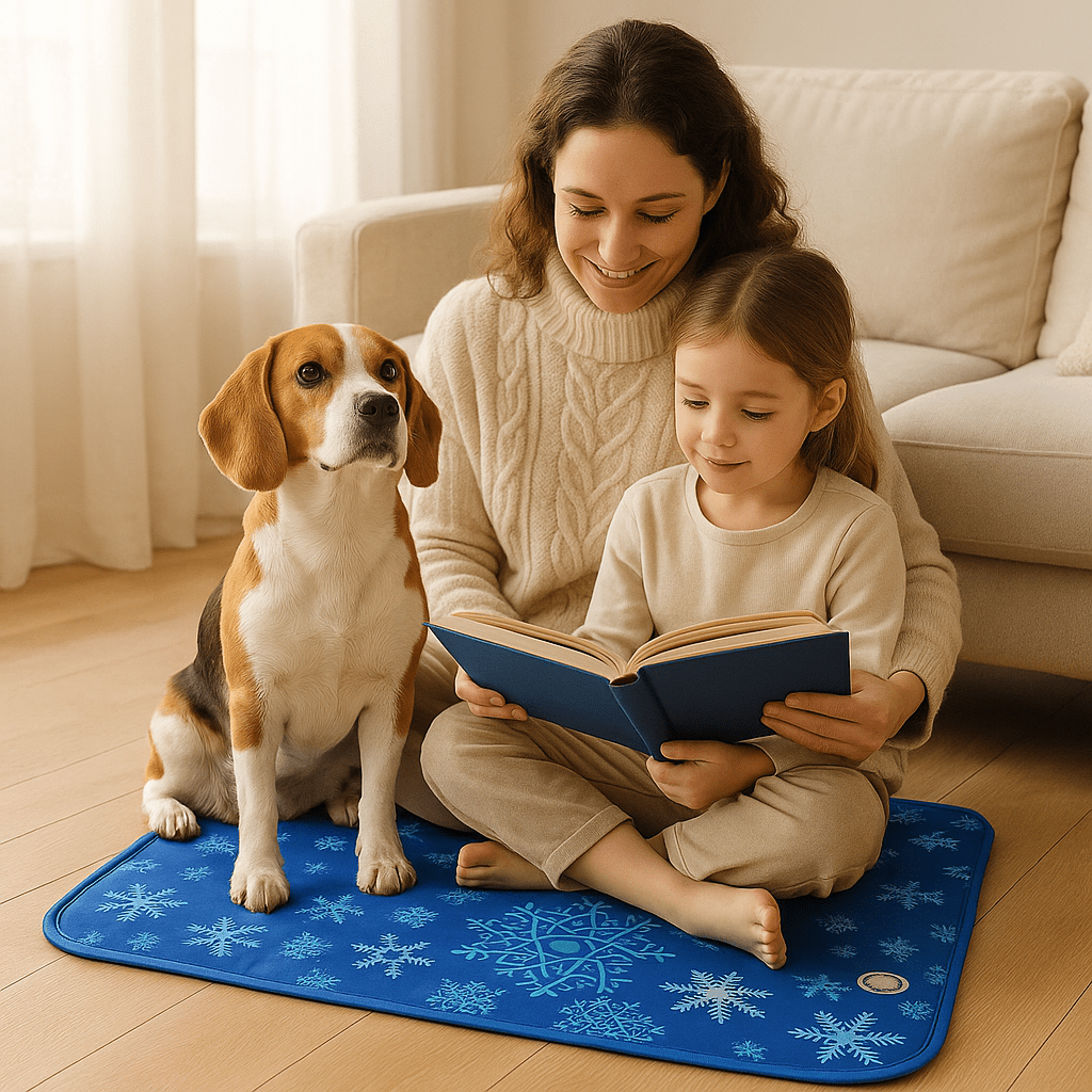 maman fille chien assis sur tapis pour chien afraichissant