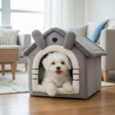 toutou content dans maison pour chien