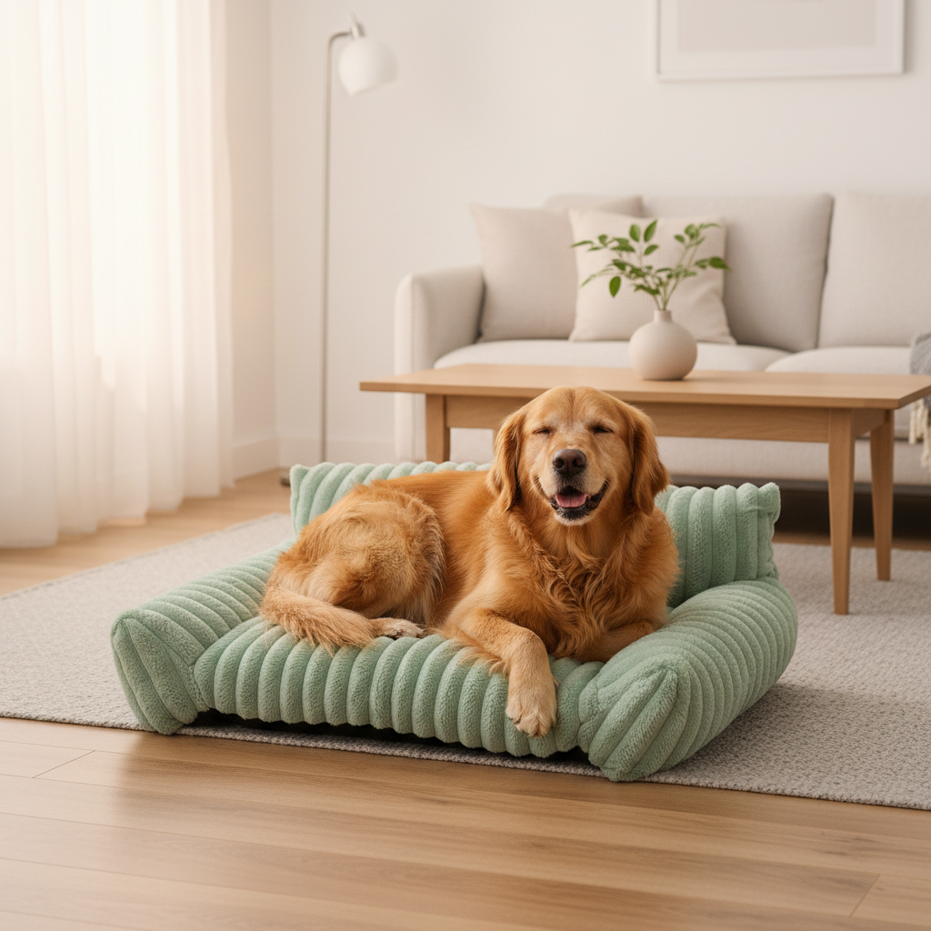 toutou sur canapé pour chien couleur vert