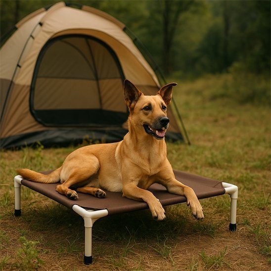 toutou sur lit de camp pour chien dans la foret