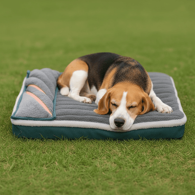 toutou de taille moyen sur un lit pour chien 