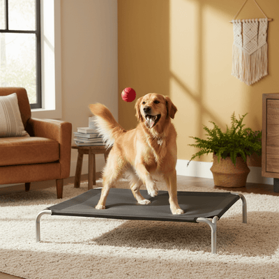 toutou heureux sur lit surélevé pour chien 