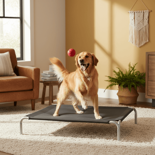 toutou heureux sur lit surélevé pour chien 