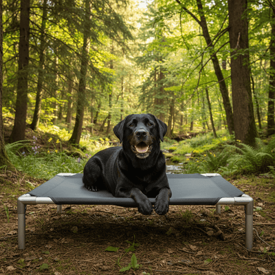 toutou sur lit de camp chien dans la foret 