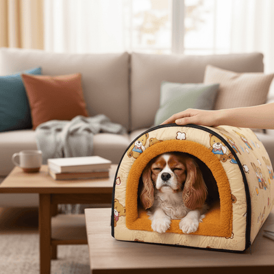 toutou dort dans une niche pour chien 