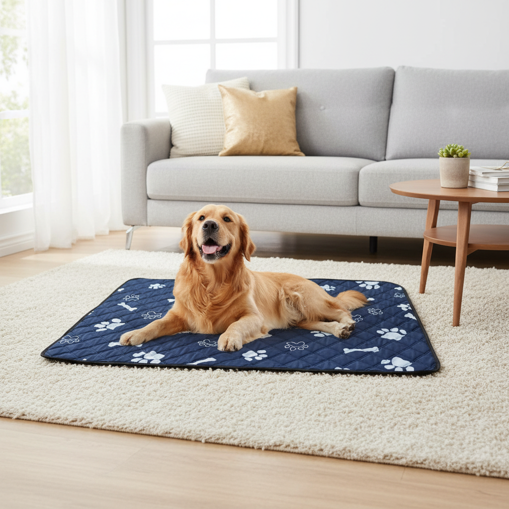 toutou allonger sur tapis rafraichissant pour chien dans salon 
