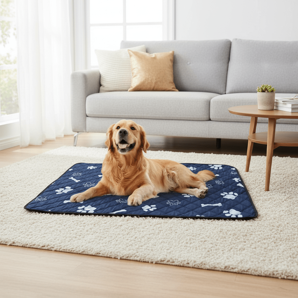 toutou allonger sur tapis rafraichissant pour chien dans salon 