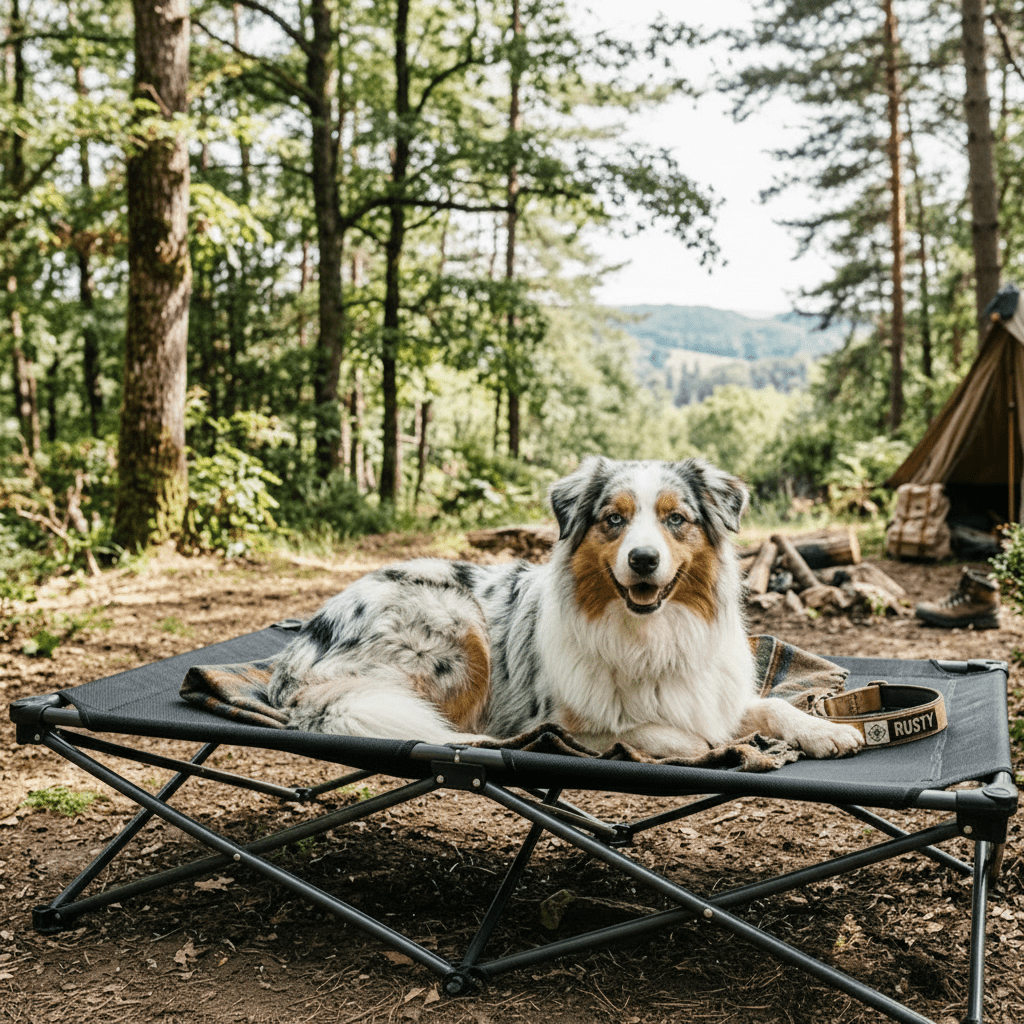 toutou dans lit de camp pour chien dans un comping