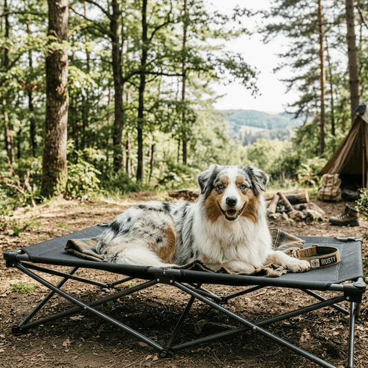 toutou dans lit de camp pour chien dans un comping