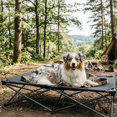 toutou dans lit de camp pour chien dans un comping