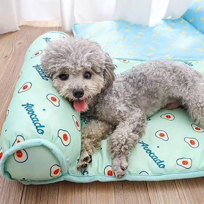 Caniche detendu sur tapis rafraichissant pour chien avec coussin