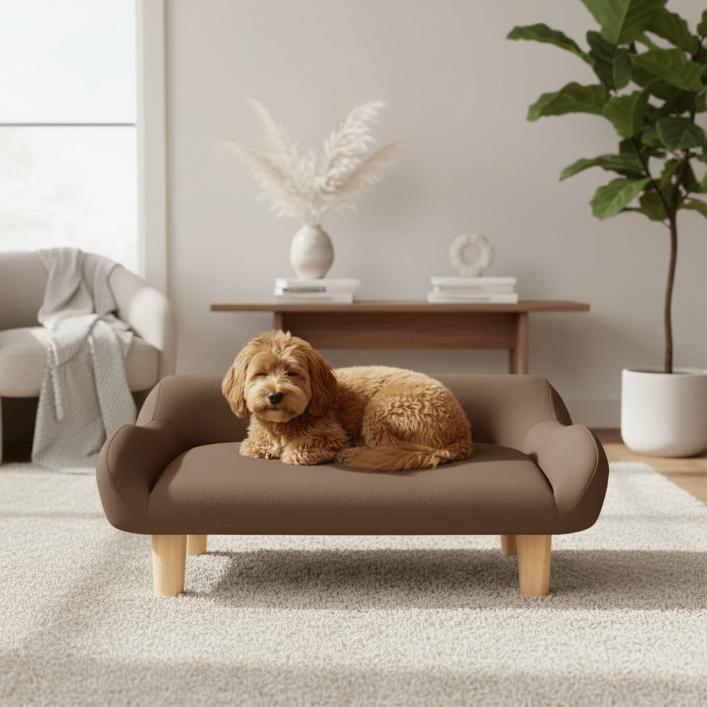 Toubou assis dans canape pour chien avec pieds en bois