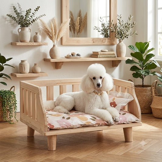 belle toutou dans lit pour chien surélevé en bois