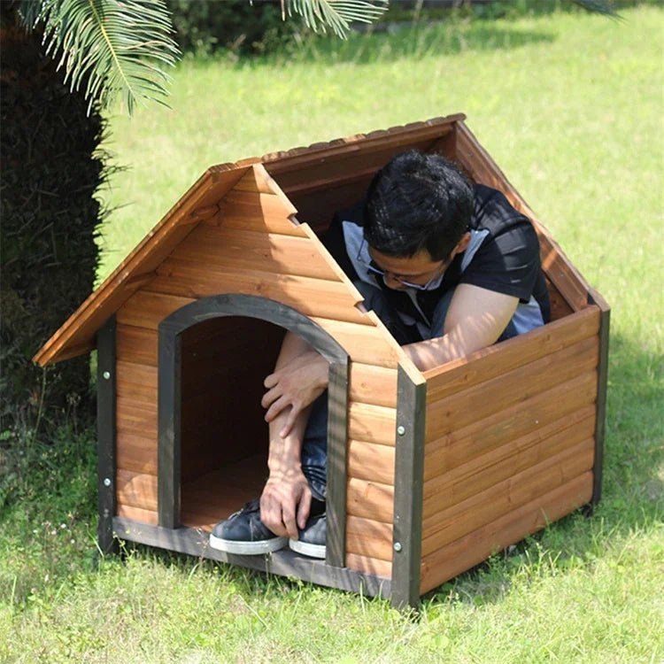 cabane en bois pour chien en cour d'installation