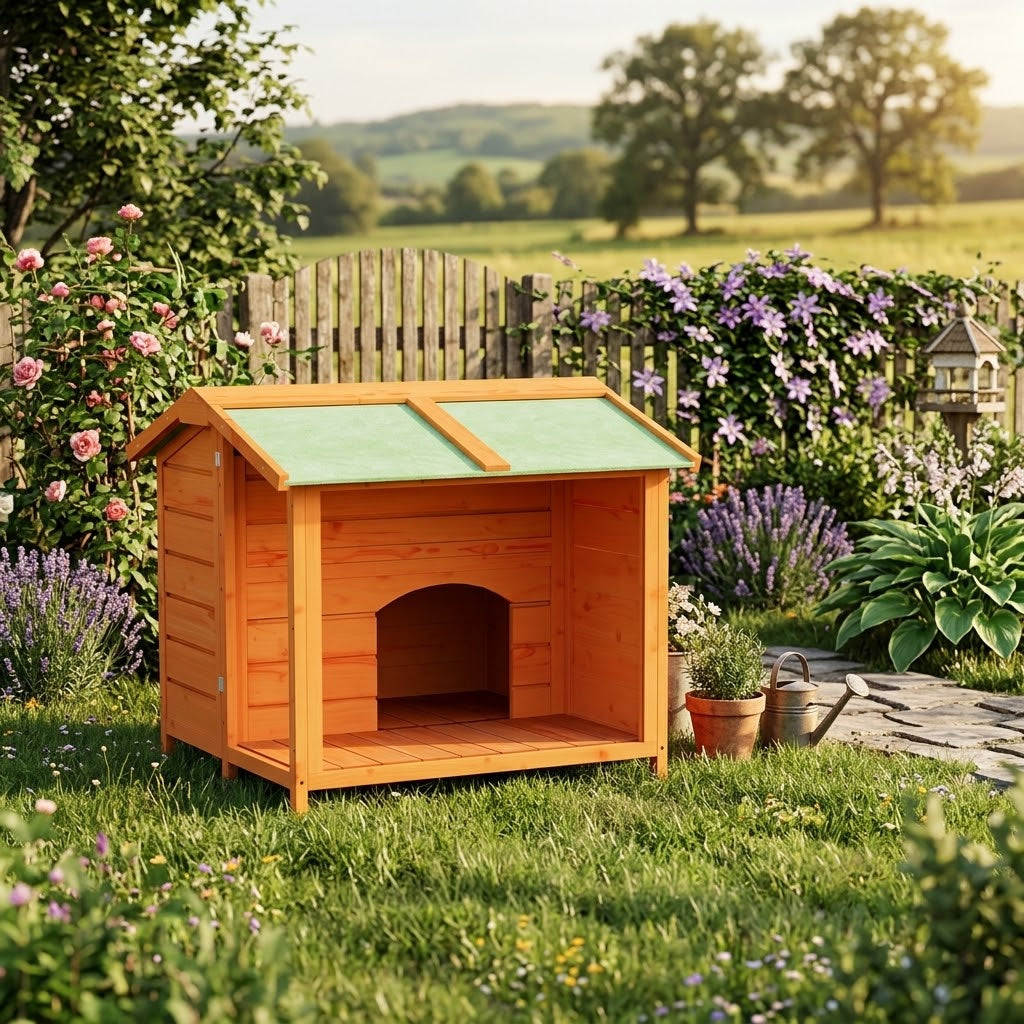cabane pour chien en bois pin massif dans le jardin