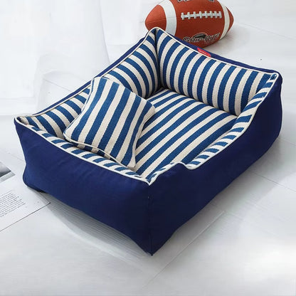 canape pour chien bicolore bleu et blanc