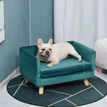 Canapé sur pieds en bois pour grand chien | Velours bleu canard