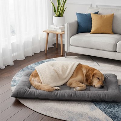 chien dort sur tapis pour chien en peluche gris 