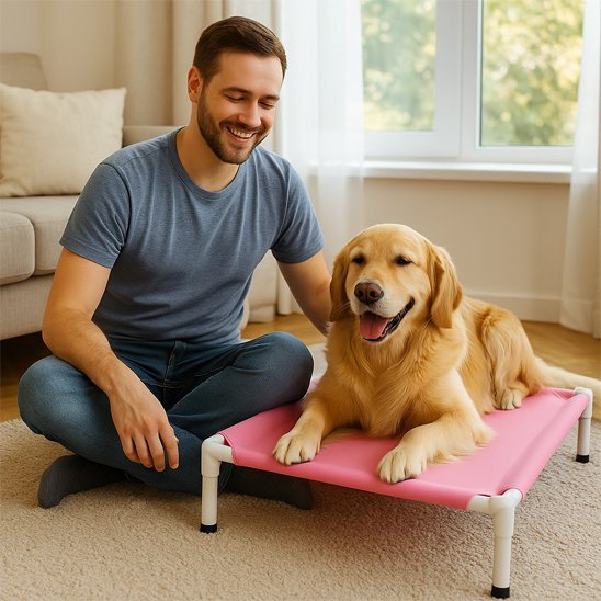 chien allonger sur lit de camp pour chien coté maitre 
