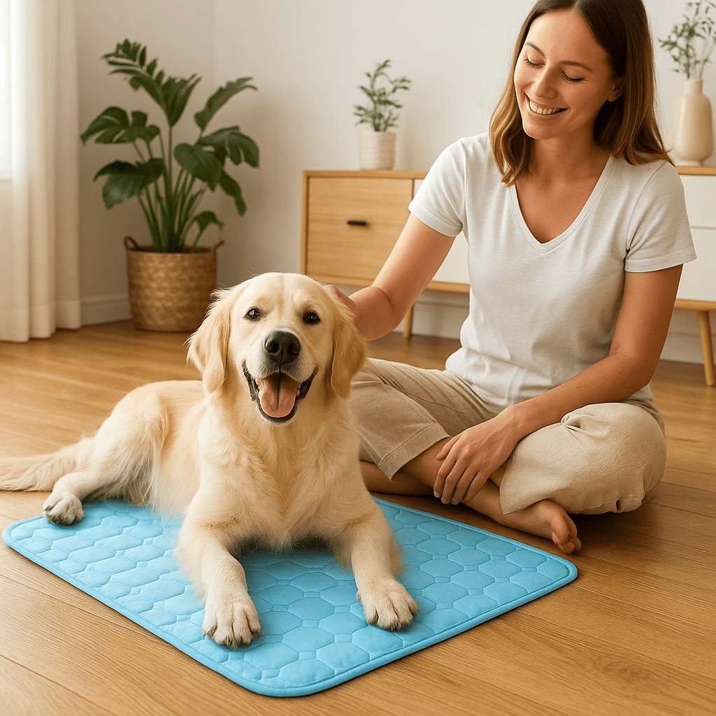 chien allonger sur son tapis chien rafraichissant avec sa maitresse