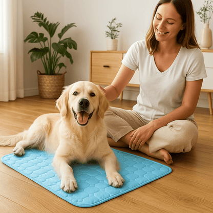 chien allonger sur son tapis chien rafraichissant avec sa maitresse