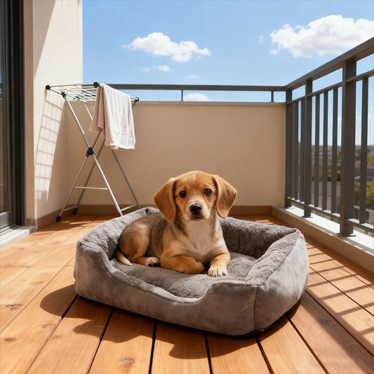 chien_assis_dans_coussin_pour_chien_moelleux_sur terasse