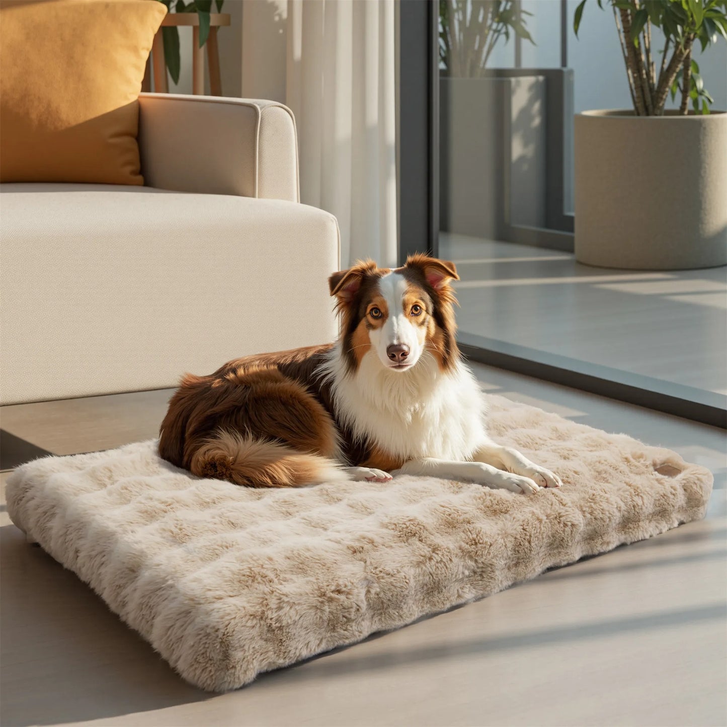 chien assis dans lit  pour chien confort moelleux