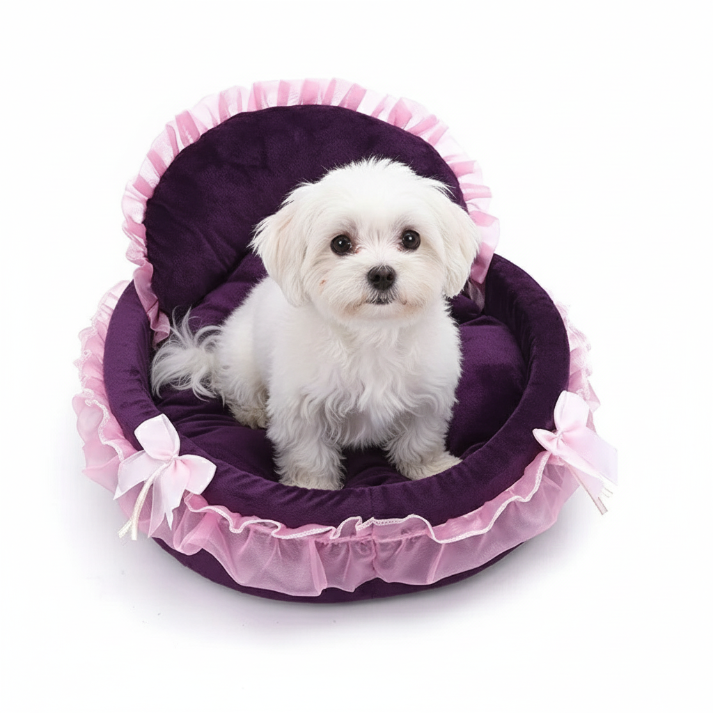 chien assis_dans_lit_pour_chien_princesse_violet