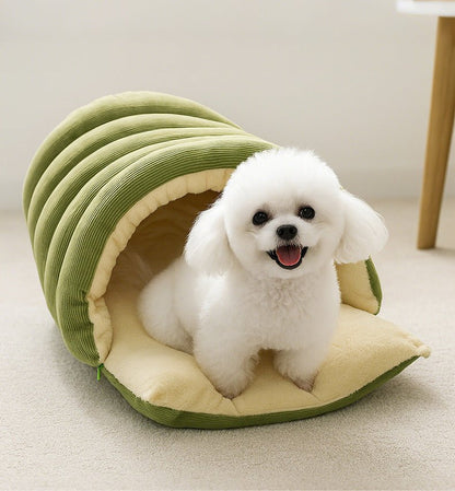 chien assis dans niche pour chien grotte vert