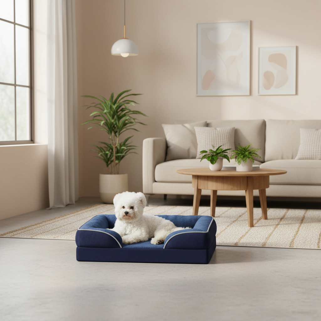 chien assis dans panier chien orthopédique moelleux bleu