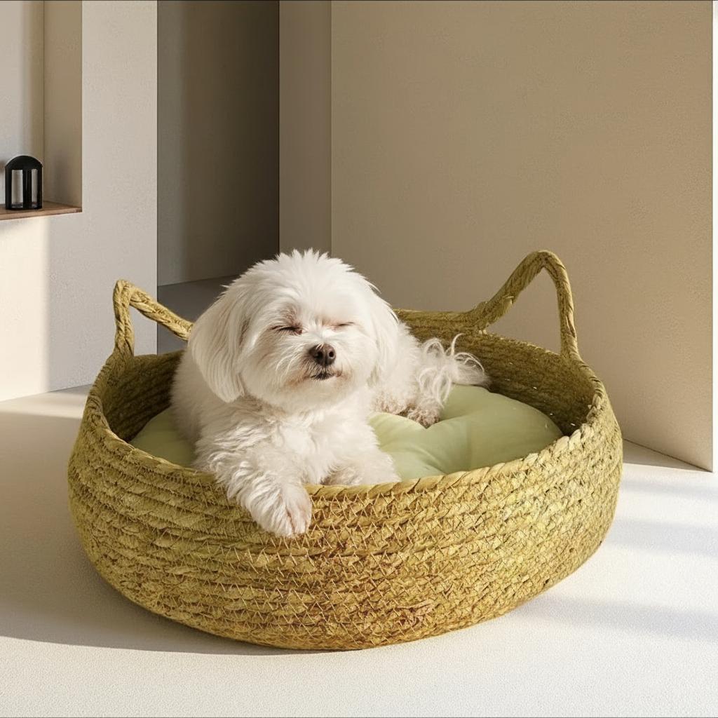 chien_blanc_dans_coussin_pour_chien_en_rotin