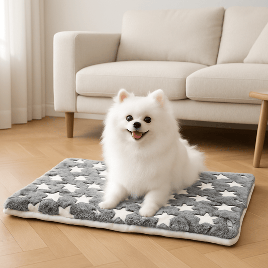 chien blanc heureux sur son tapis pour chien