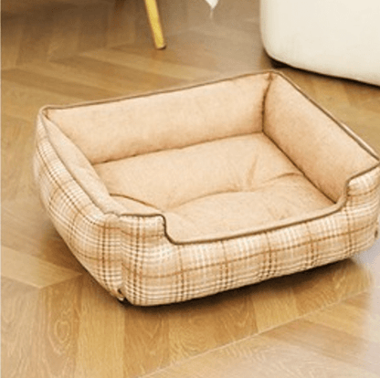 chien couchage en treillis carre moelleux beige