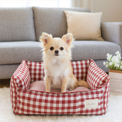 chien dans lit pour chien a carreaux rouge
