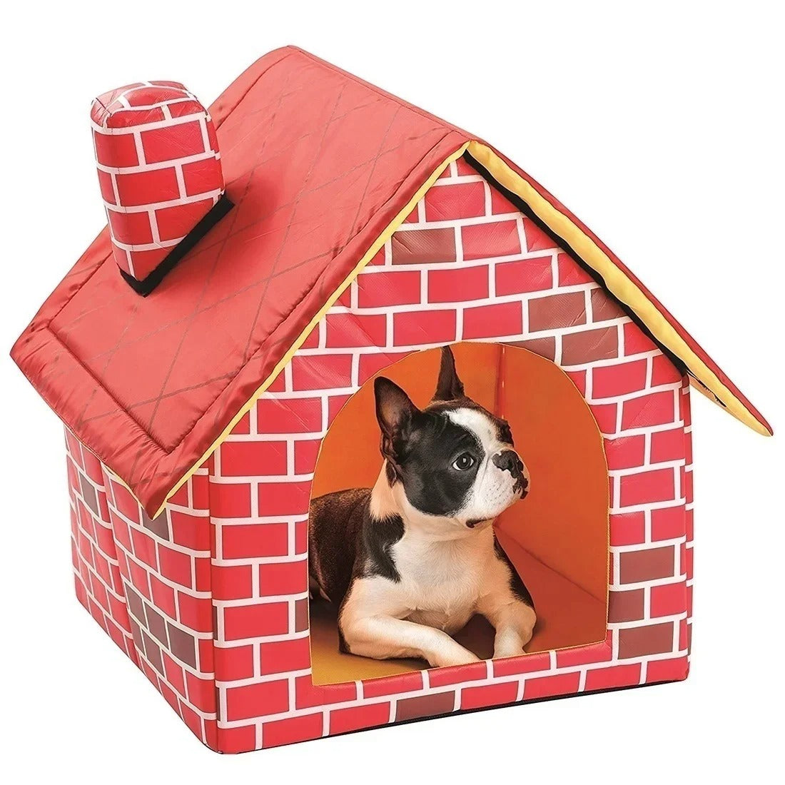 chien dans niche pour chien inteieur brique rouge blanc