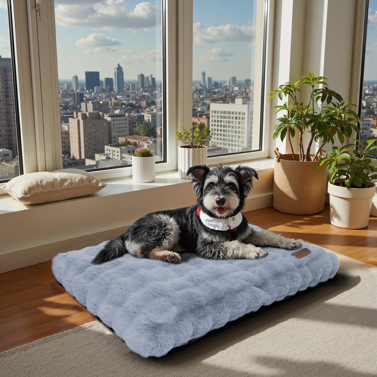 chien heureux dans lit pour chien confort moelleux