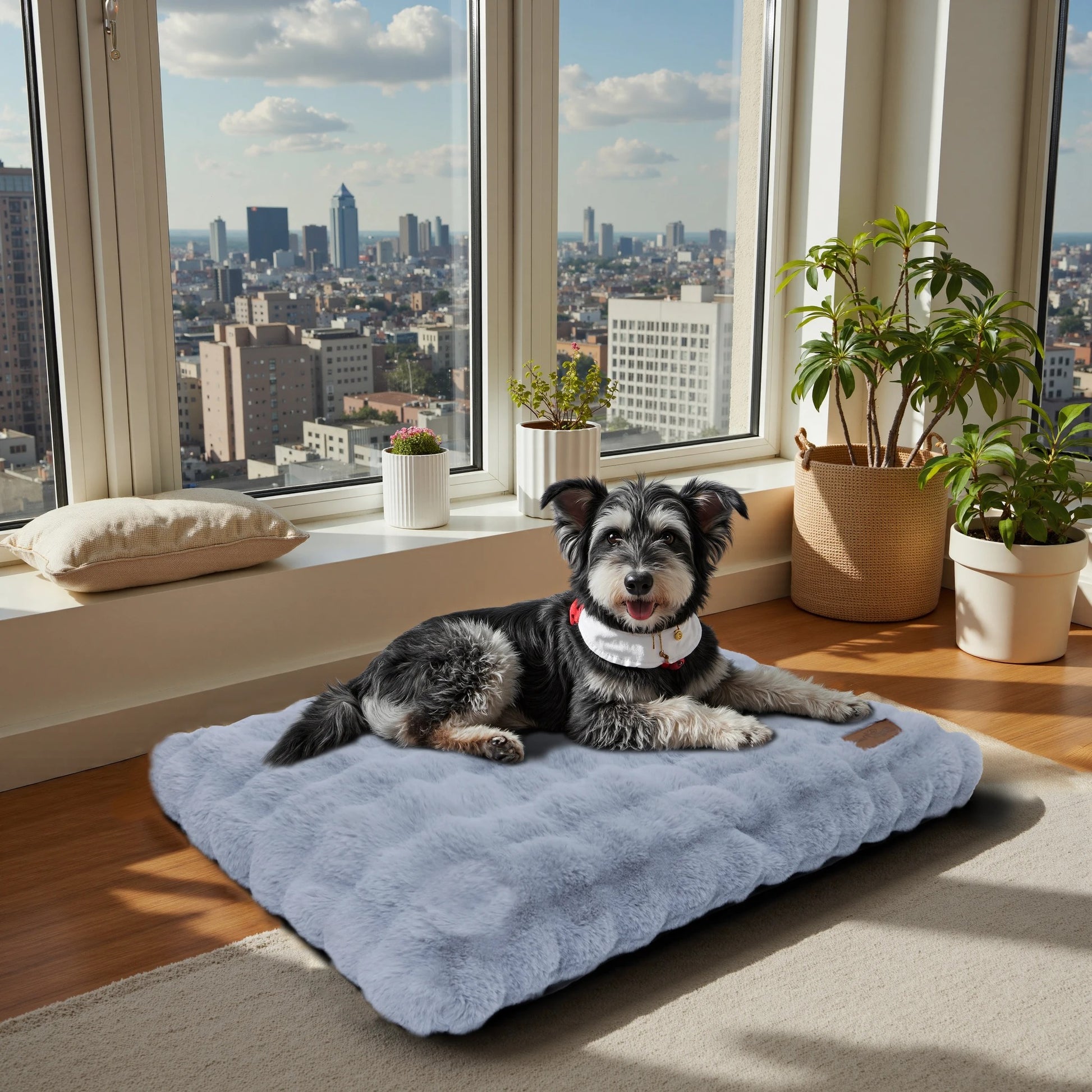 chien heureux dans lit pour chien confort moelleux