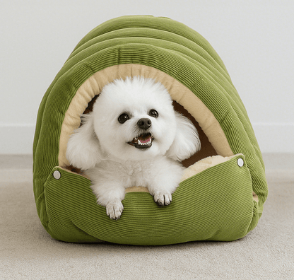chien heureux dans niche pour chien vert