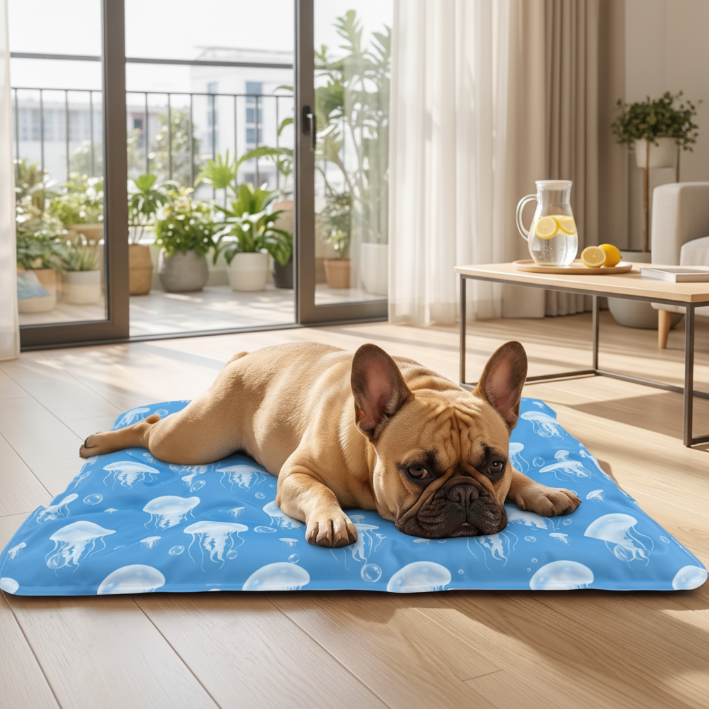 chien tapis rafraichissant avec dessin de poisson