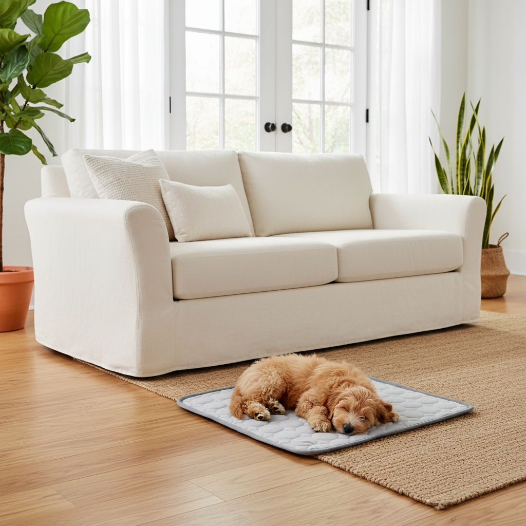 chien tapis rafraichissant dans salon blanc 