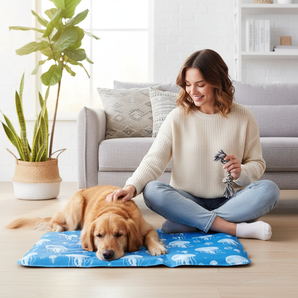 chien tapis rafraichissant dans salon moderne