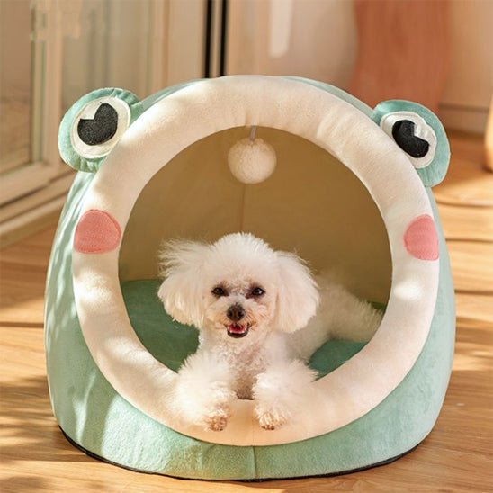 chiot heureux dans on lit pour chien point rose