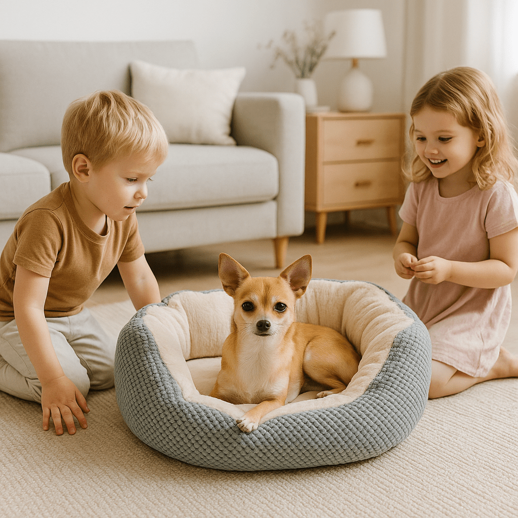 couchage chien entouré par enfants dans salon