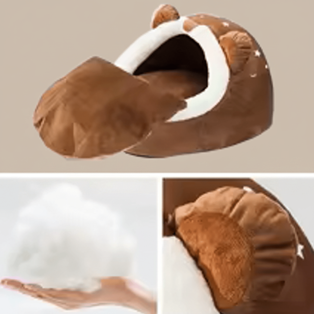 toutou dans panier igloo pour chien en peluche