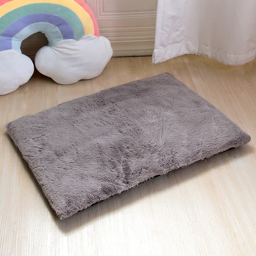 coussin chien en peluche gris dans chambre