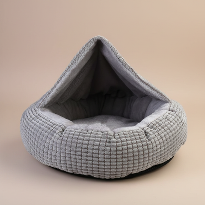 
coussin chien forme grotte avec capuche gris
